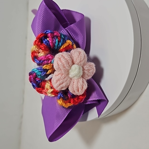 Hand Crafted Purple Bow Handmade Crochet Puffy Flower embellished with Rainbows - Picture 13 of 17